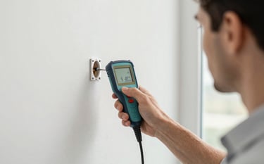 A close-up, high-detail shot of a professional inspector using a digital moisture meter on a wall in a modern Toronto home. The composition is clean and sophisticated, with a focus on precision and technology. The color palette incorporates #A8BBCD and #F4F7F9 for a clinical, trustworthy feel.