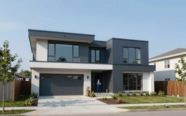 An architectural wide shot of a newly constructed modern residence in the GTA under a clear sky. A professional inspector is visible in the distance, reviewing a tablet. The style is modern and professional, utilizing the brand's cool tones of #4B657B and #1A2C3C for a premium look.