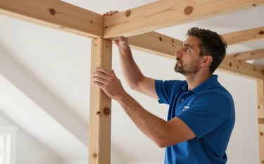 A professional home inspector in the Greater Toronto Area, wearing a branded polo shirt, meticulously examining the wooden rafters in a clean, bright residential attic. The scene is lit with natural, professional lighting, conveying reliability and expertise. Brand colors #1A2C3C and #4B657B are subtly present in the inspector's attire and equipment.