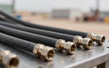 A close-up of professional high-pressure hydraulic hoses with metallic fittings, arranged neatly on an industrial workbench. The background shows a soft-focus desert industrial landscape. Lighting is sharp and clear, reflecting a sense of robust reliability and precision engineering. Colors focus on charcoal #3C3C3B and metallic tan #B8A79B.