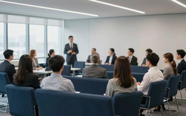 A wide shot of a contemporary corporate seminar room. A diverse group of professionals are focused on a workshop. The aesthetic is clean, sophisticated, and authoritative. The brand palette is represented through #0A1D2B furniture and #EBF1F5 walls. High-end natural lighting.