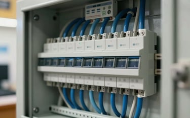 Close-up of a newly installed, modern electrical panel with perfectly organized steel blue and pale blue-grey wiring, located inside a Southern European / Spanish commercial building. The lighting is bright and technical, showing expert craftsmanship.
