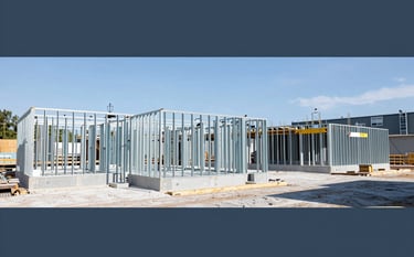 A wide shot of a commercial construction project in Maine with metal framing and high-quality drywall installed in a large office space. The lighting is clear and daylight-balanced. The scene looks organized and professional, highlighting sturdy construction and expertise. Palette includes #2C3E50 and #B4C6D7.