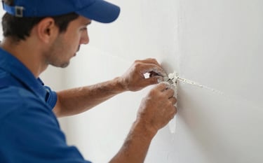A close-up, professional shot of a skilled drywaller in clean work attire applying joint compound to a seam. The lighting is bright and clean, emphasizing a smooth wall surface. The scene reflects meticulous craftsmanship and reliability, featuring subtle tool accents in #2C3E50 and #617488 tones.