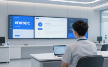 A professional medical environment with advanced digital screens and a sleek, modern classroom. Soft, bright lighting, conveying trust and progress. Palette includes #F8F9FC and #5E9CD1.