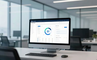 A minimalist, high-end office setting with glass walls and light blue accents. A high-tech workstation showing a complex SaaS dashboard on a sleek monitor. Professional lighting, premium corporate atmosphere with #0F1A2F and #5E9CD1 tones.