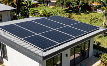 A modern South American Brazilian house with sleek solar panels integrated into the roof architecture, bright sunny daylight, lush green garden in the background, clean and sustainable living aesthetic.
