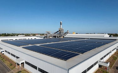 Wide-angle photograph of a large-scale industrial factory in Brazil with a massive solar panel installation across its flat grey roof, blue sky, high-tech and innovative engineering feel.