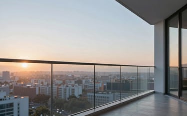 A luxury apartment balcony with a seamless, frameless glass railing (guarda-corpo) providing a clean, unobstructed view of a sunset. The atmosphere is sophisticated and serene, showcasing high precision craftsmanship with colors #BCC9D4 and #F7F9FB.