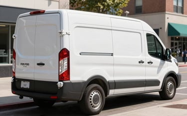 A professional white service van with clean branding parked on a North American city street, bright daylight, modern and efficient atmosphere, showing the convenience of mobile service.