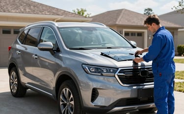 A clean, modern SUV parked in a bright North American driveway while a technician in a professional steel blue uniform prepares a new windshield for installation, clear sky reflected in the glass, high-contrast professional photography.