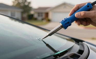 Close-up photography of a specialized resin injection tool being used by a professional on a small windshield chip, soft morning light in a North American suburban setting, steel blue and off-white color palette, sharp focus on the glass texture.