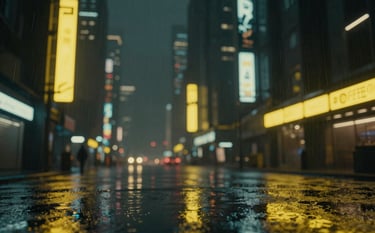 A cinematic landscape of a futuristic cyberpunk city at night. Rain creates reflections on wet pavement. Glowing yellow #FFFF00 neon lights contrast against deep #000000 shadows. High-fidelity AAA game graphics style, ray-traced lighting, ultra-modern aesthetic.