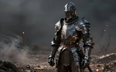 A dark fantasy knight in heavy #1A1A1A plate armor standing in a desolate field of ash. Embers fly in the wind. A faint #FFFF00 magical energy glows from the cracks in the armor. Gritty, professional AAA game key art.