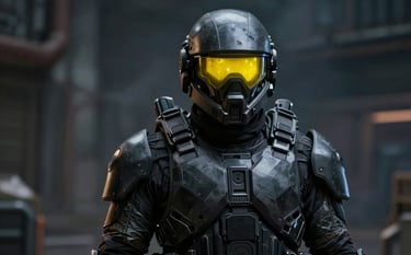 An elite spec-ops soldier wearing futuristic matte-black armor. The helmet features a glowing #FFFF00 visor. The environment is dark and industrial with smoke and metallic textures. Professional cinematic game art, high-fidelity character model.