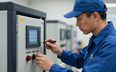 A professional technician in a royal blue uniform with safety gear, performing a check on a digital control panel of a generator. Close-up, professional and secure atmosphere, soft focus background.
