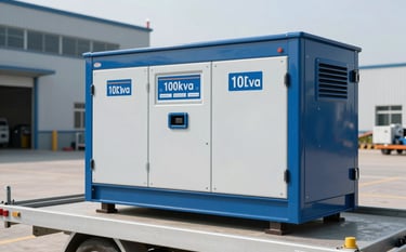 A professional wide shot of a clean, modern 100kva electric generator in royal blue and soft white colors, mounted on a transport trailer in a bright industrial setting. Professional lighting, sharp focus on the machinery.