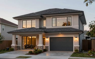 An elegant two-story executive residence with large glass windows and a wide carport. The scene is set during the golden hour with warm, soft lighting reflecting off the surfaces. Professional property photography with a clean, trustworthy mood, using colors like #2A363B and #5A6B6D in the exterior finishes.
