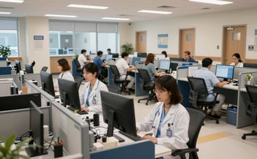 A wide, bright view of a professional administrative office in a North American medical facility. Staff are working efficiently at sleek workstations with dark blue accents, conveying a sense of organized management.