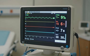 A close-up shot of a high-tech medical monitor displaying patient vitals in a quiet, professional North American hospital room. The lighting is soft, emphasizing reliability and advanced medical technology.