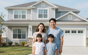 A happy family standing in front of their modern suburban home, feeling safe and secure. The scene is bright and optimistic, incorporating a palette of #B8D3E7 and #F4F7F9 in the environment. High-quality photography, client-centered and warm.