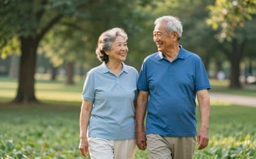 An older couple walking joyfully in a park, symbolizing a secure and planned retirement. The atmosphere is peaceful and confident. The lighting is warm golden hour, with soft greens (#4A7C59) and blues (#1E3F66) present in the landscape.