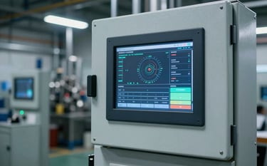 Industrial control panel with a high-resolution touchscreen interface showing real-time manufacturing analytics, professional North American factory setting, cool industrial lighting, dark blue and light grey tones.