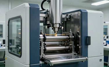 A high-precision pharmaceutical tablet pressing machine in operation, stainless steel and glass construction, professional clean room environment in a North American industrial facility, bright clean lighting, dark blue and light grey machinery accents.
