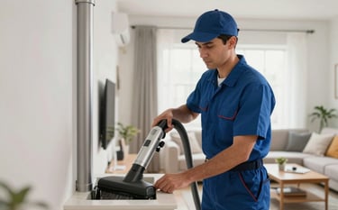 A professional service technician in a clean uniform performing a chimney sweep in a modern North American living room, using specialized vacuum equipment to ensure a dust-free environment, bright natural lighting, professional and tidy atmosphere.