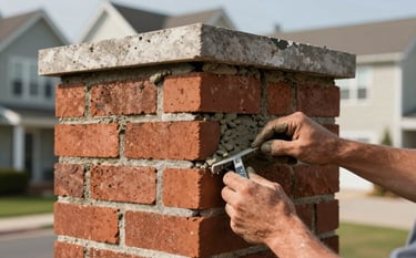 A close-up photograph of expert masonry repair on a residential chimney in a US suburban neighborhood, showing a skilled hand applying fresh mortar between red bricks, clean lines, focused lighting, highlighting precision and craftsmanship.