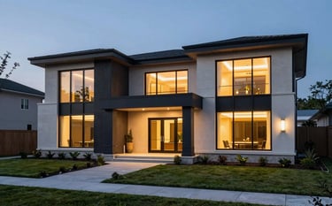A professional architectural photograph of a contemporary North American luxury home exterior at twilight, featuring warm light glowing from large glass windows, clean lines, and a manicured landscape with dark navy and light grey accents.