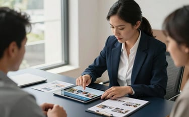 A professional medium shot of a real estate agent and a client in a sunlit, modern North American office, reviewing digital property brochures on a tablet over a dark navy desk.