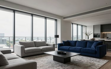 A wide-angle interior photograph of a sleek, high-end North American penthouse living room with floor-to-ceiling windows, featuring minimalist furniture in light grey and navy blue.