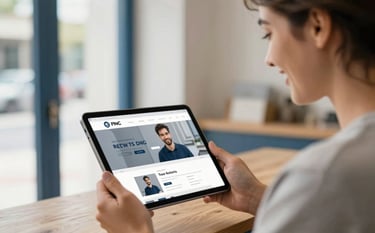 A warm, professional photograph of a small business owner in a bright, modern storefront. They are smiling while looking at a tablet that displays their new, modern business website. The scene is accented with steel blue and soft gray.