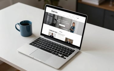 A crisp, high-angle photograph of a modern white desk with a laptop open. The screen displays a clean, minimalist website layout for a local service. Beside the laptop is a steel blue ceramic mug. The lighting is soft and natural, emphasizing a professional yet approachable workspace.