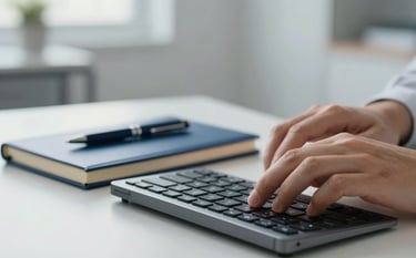 A professional photograph showing a close-up of a designer's hands working on a sleek keyboard. A steel blue notebook and a dark slate pen are positioned neatly on the side. The background is a blurred, bright office space with soft gray walls.