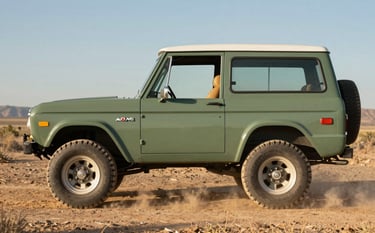 A side-profile photograph of a vintage first-generation Ford Bronco in Sage Green driving on a dusty North American / US trail. The morning sun casts a warm glow, highlighting the Earthy Tan leather interior and the rugged tires kicking up a light cloud of dust.