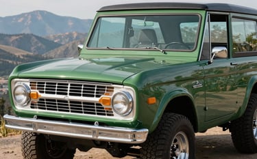 A close-up high-quality photograph of a perfectly restored Deep Forest Green Ford Bronco parked at a scenic mountain overlook in the North American / US West. The lighting is crisp, highlighting the chrome details and the nostalgic pride of the build.