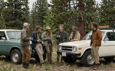 A group of outdoor enthusiasts gathered around two classic Broncos parked in a North American / US pine forest clearing. They are wearing rugged outdoor apparel, sharing coffee from tin mugs, evoking a sense of camaraderie and adventure in the Sage Green wilderness.