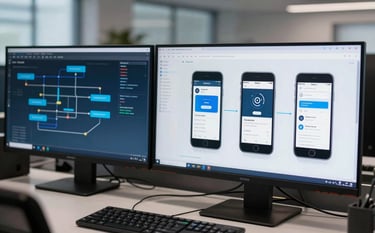 A sophisticated North American corporate environment. A professional workstation showing high-end mobile app architecture diagrams on multiple screens. The lighting is crisp and modern with a focus on trust and expertise, featuring medium blue tones.