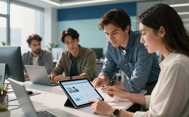 A collaborative scene in a modern North American tech office. A team of professionals reviews app wireframes on a sleek glass tablet in a sun-drenched workspace with accents of light blue and dark blue decor. Sophisticated and high-performance atmosphere.