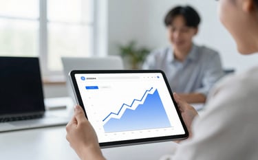 An educational setting featuring a tablet displaying a rising line graph and financial icons. The environment is a modern, sunlit office with a minimalist aesthetic. Soft focus on a background person smiling, conveying trust and confidence. Hints of #2E6DA8 and #E8F4FB.