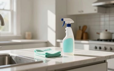 A bright and airy residential kitchen in a home in Amherst. The sunlight illuminates soft off-white walls and polished surfaces. On a clean counter, a pale seafoam cleaning cloth sits next to a professional spray bottle. High-end photography, organized and fresh aesthetic.