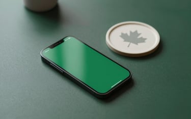 A minimalist, high-angle shot of a sleek desk featuring a modern smartphone and a simple Canadian maple leaf emblem on a ceramic coaster. Professional lighting, sophisticated clarity, incorporating #00381f and #FCFBF5 palette.