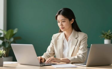 A focused young professional working in a minimalist office with soft morning light. The scene is clean and modern, utilizing a deep green and warm cream color palette to evoke financial empowerment.