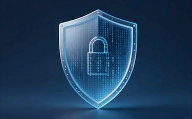 A professional and minimalist conceptual image of digital security featuring a stylized translucent shield made of binary code strings. The background is a clean dark blue gradient (#0D1B2A to #1A3E6F). The lighting is soft and focused on the center, creating a sense of expert analysis and technological depth.