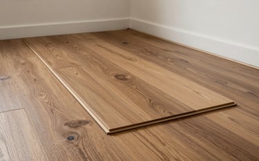 High-angle photography of luxury vinyl plank flooring being installed in a modern Los Angeles residence. The focus is on the precision of the interlocking planks. The palette features Warm Wood tones and clean Off-white walls in the background.