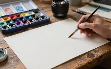 A close-up of professional watercolors, soft brushes, and thick art paper on a rustic wooden table in a sunlit studio in France. Calming and creative atmosphere.