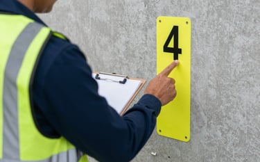 Professional photography, North American / US context. An over-the-shoulder, faceless shot of a person in a safety vest holding a clipboard, pointing at a high-visibility yellow safety marker on a concrete wall. Authoritative, crisp style. Colors: Charcoal Gray and Deep Navy Blue.