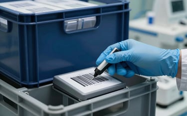 High-resolution photography, detail shot of a professional hand in a blue nitrile glove scanning a high-tech barcode on a stack of modern medical supply crates in a sterile North American hospital warehouse. Professional, cool lighting. Professional palette: Deep Navy Blue and Steel Gray.